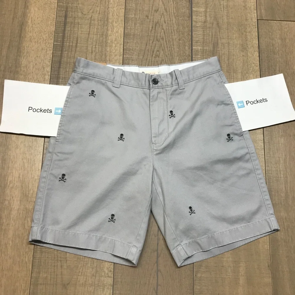 J.CREW Shorts Mens Size 31 Gray‎ Broken in Chino Skull Embroidered Grunge Cotton